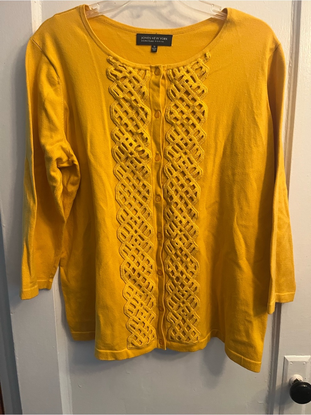 Jones New York Mustard Yellow Knit Button-Front top with Braided Trim